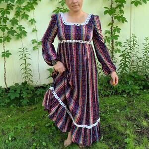 Vintage 70s flannel Gunne style prairie dress Moody Paisley Stripe